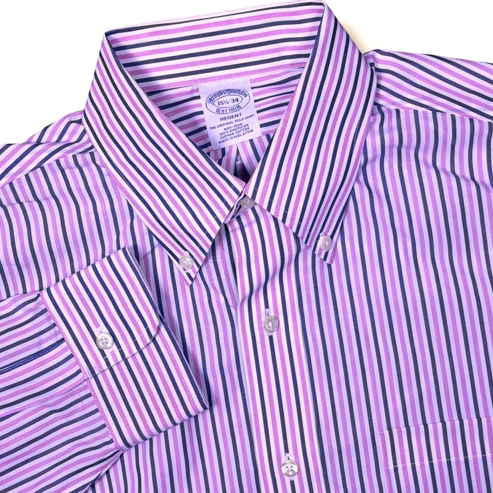 Brooks Brothers Button Down Shirt Men 15.5 M Pink Navy Striped Poplin Regent Fit